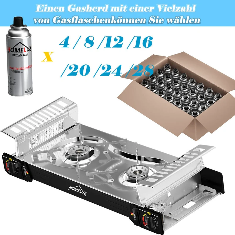HOMELUX 2-flammiges Gaskochfeld mit / ohne 227g Gaskartusche – Ideal für den Outdoor-Bereich