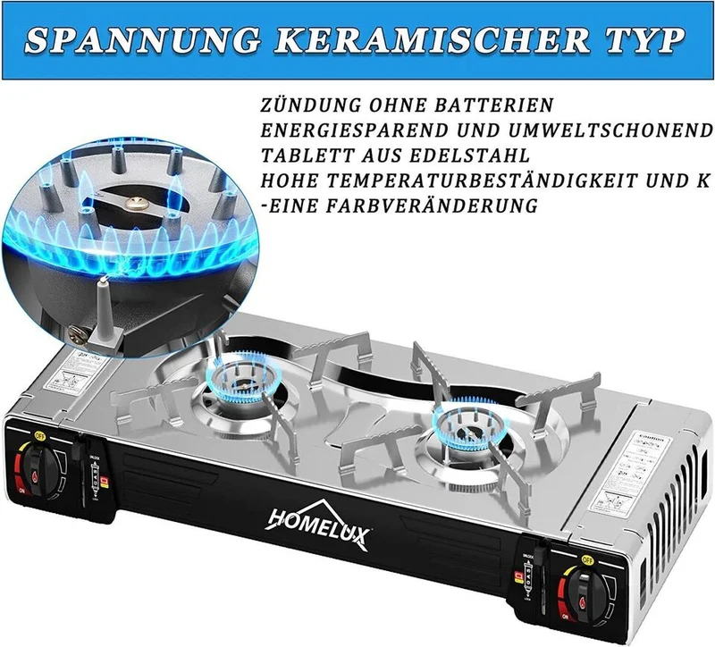 HOMELUX 2-flammiges Gaskochfeld mit / ohne 227g Gaskartusche – Ideal für den Outdoor-Bereich