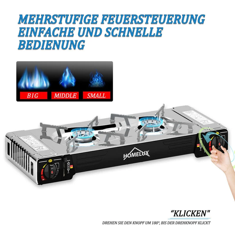 HOMELUX 2-flammiges Gaskochfeld mit / ohne 227g Gaskartusche – Ideal für den Outdoor-Bereich