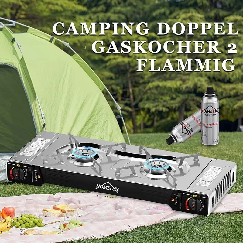 HOMELUX 2-flammiges Gaskochfeld mit / ohne 227g Gaskartusche – Ideal für den Outdoor-Bereich