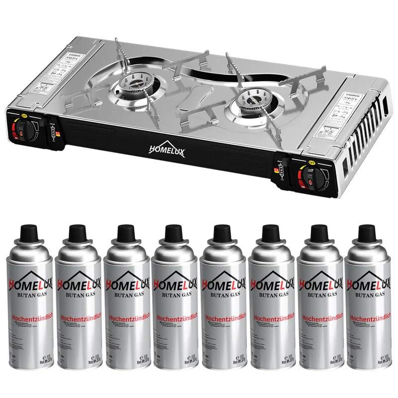 HOMELUX 2-flammiges Gaskochfeld mit / ohne 227g Gaskartusche – Ideal für den Outdoor-Bereich
