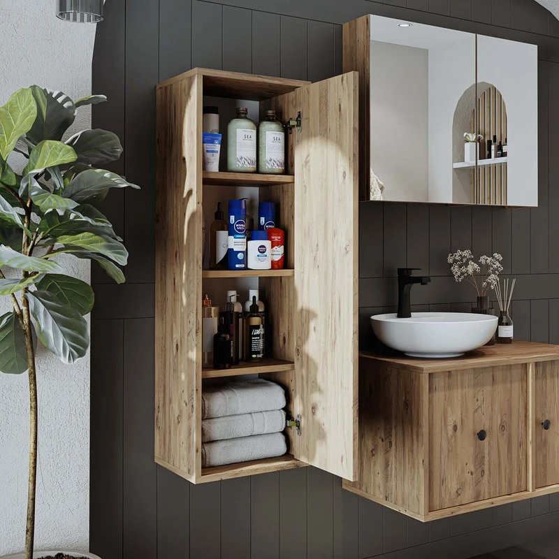 Roomart 4-teiliges Badmöbel-Set GUSTO, 120 cm, mit ovalem Waschbecken und Hochschrank, in 2 Farben