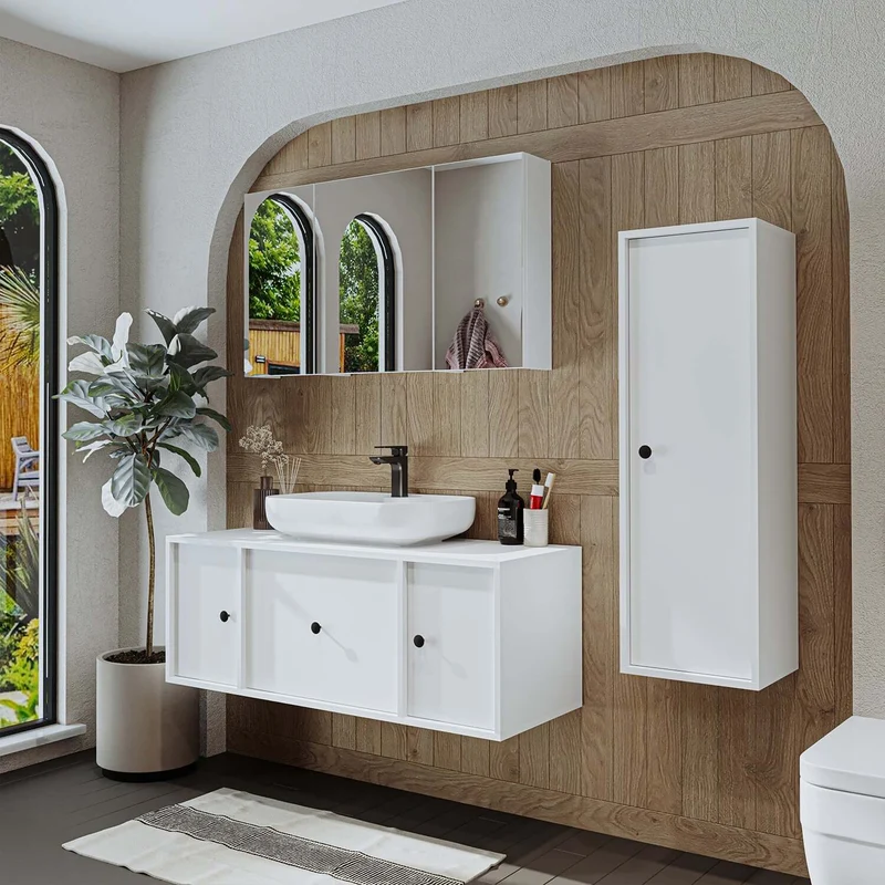 Roomart 4-teiliges Badmöbel-Set GUSTO, 120 cm, mit ovalem Waschbecken und Hochschrank, in 2 Farben
