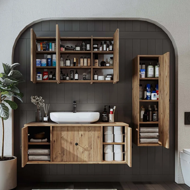 Roomart 4-teiliges Badmöbel-Set GUSTO, 120 cm, mit ovalem Waschbecken und Hochschrank, in 2 Farben