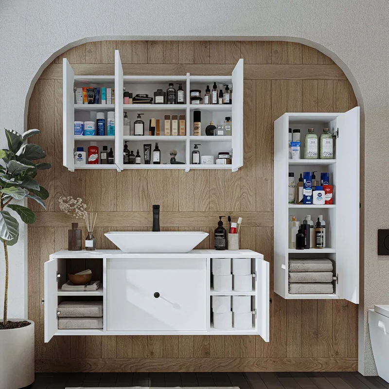Roomart 4-teiliges Badmöbel-Set GUSTO-ATL, 120 cm, mit eckigem Waschbecken und Hochschrank, in 2 Farben