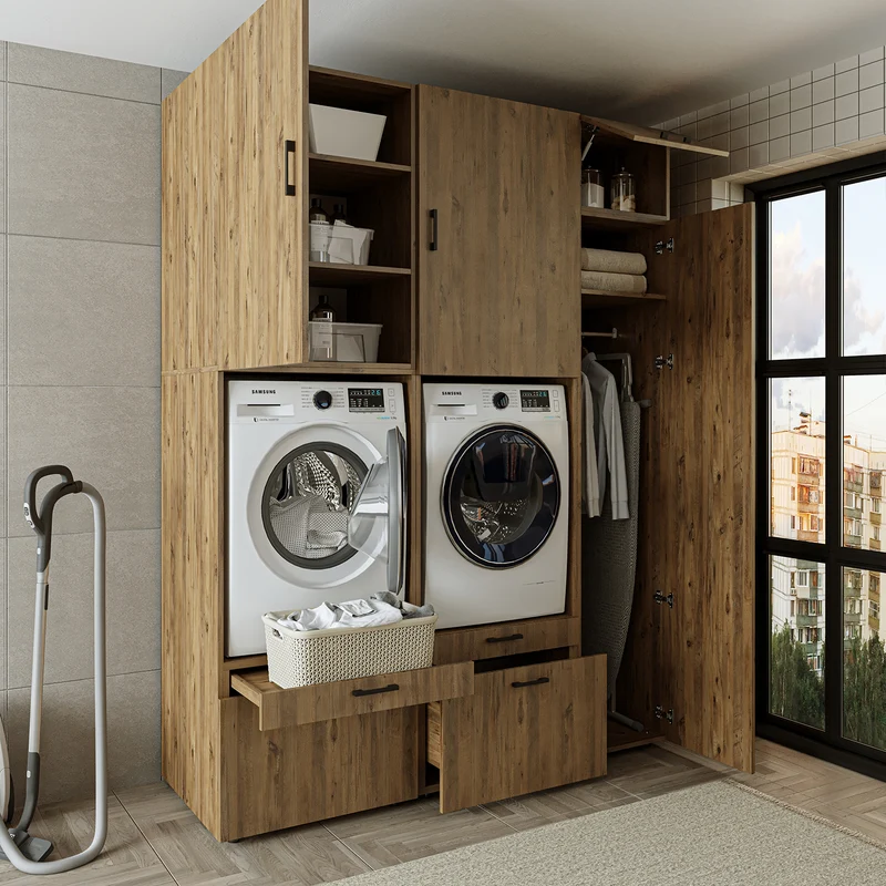 Roomart Waschmaschinenschrank SERIE 2, Doppelschrank mit Ausziehbrettern und Hochschrank, in 3 Farben