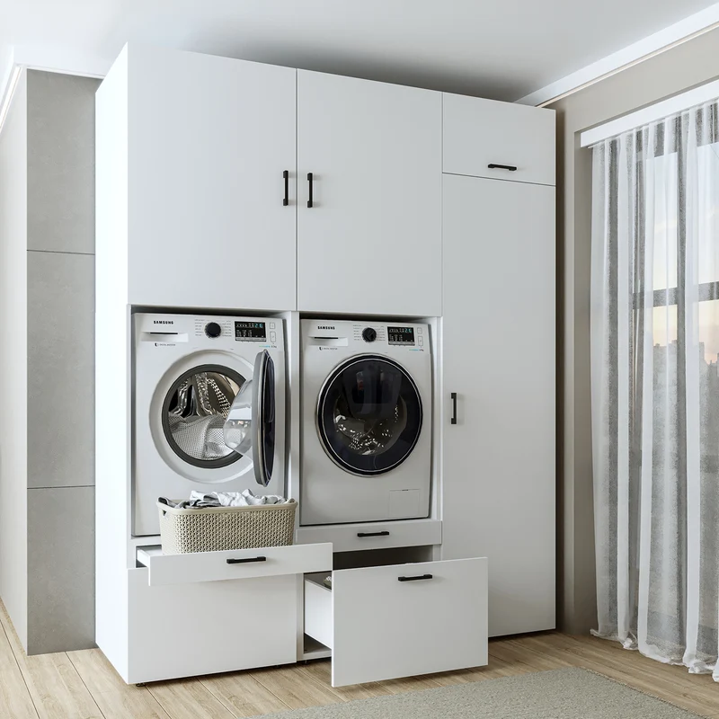 Roomart Waschmaschinenschrank SERIE 2, Doppelschrank mit Ausziehbrettern und Hochschrank, in 3 Farben