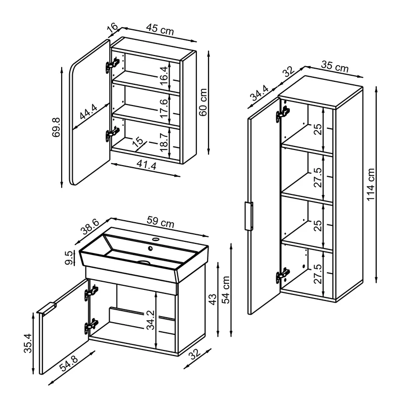 Roomart Badmöbel-Set LYCIA 60 cm, 4-teilig mit Spiegelschrank und Hochschrank, in 4 Farben