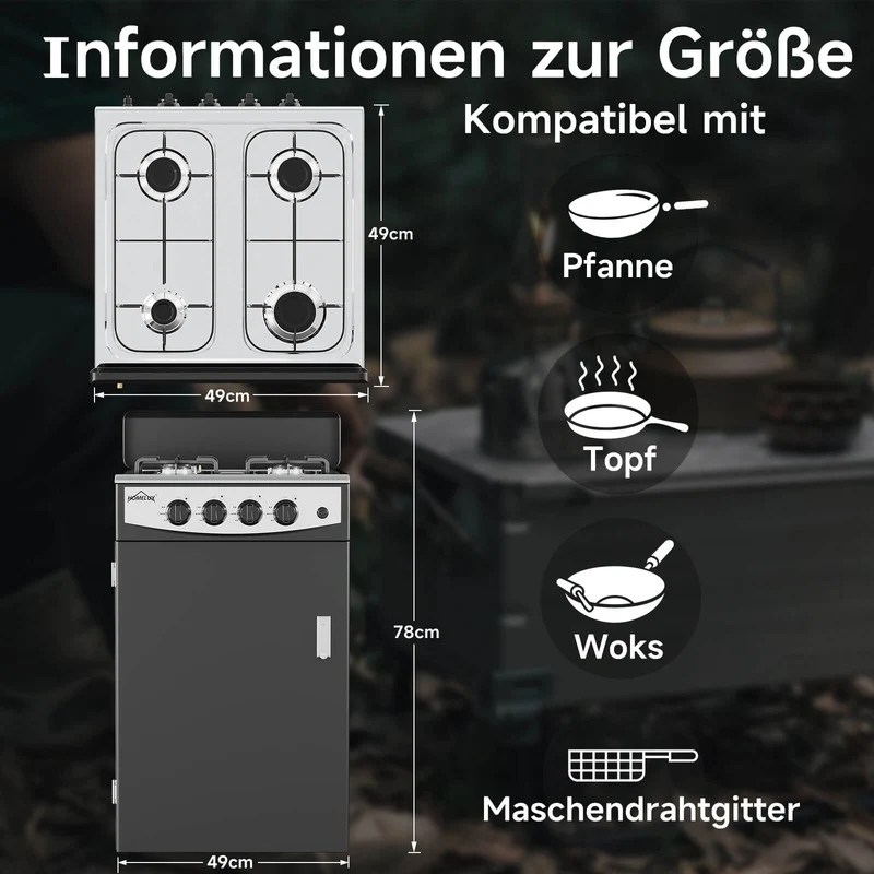 HOMELUX 4-flammiger Camping Gaskocher mit Aufbewahrungsbox 6,2 kW Gaskocher mit 1,5 m Anschlussschlauch und 50 mbar Druckminderer