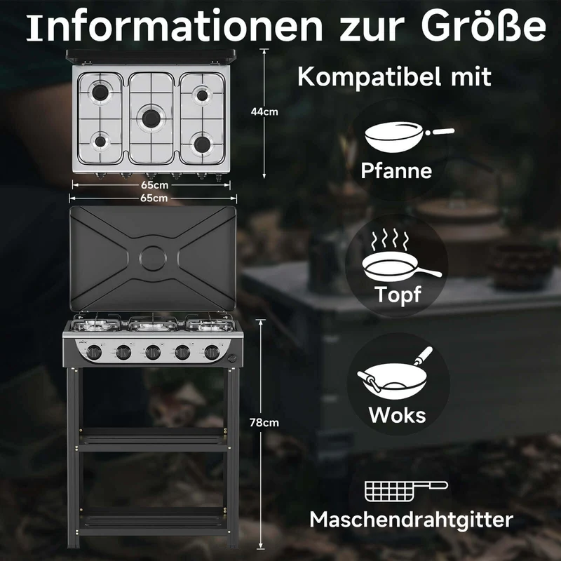 HOMELUX 5-flammiger Camping Gaskocher mit Regalen 7,2 kW Gaskocher mit 1,5 m Anschlussschlauch und 50 mbar Druckminderer