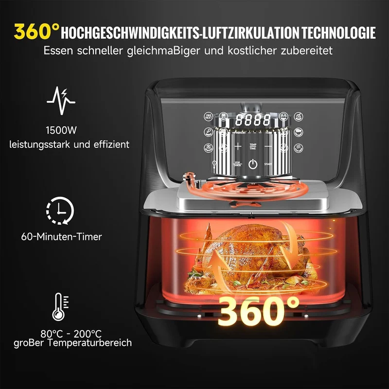Scheffler Heißluftfritteuse XXL 5.5L Sicherheitsschutz Airfryer mit Sichtfenster, 1800W, 12 Programmen LED-Touchscreen BPA-frei