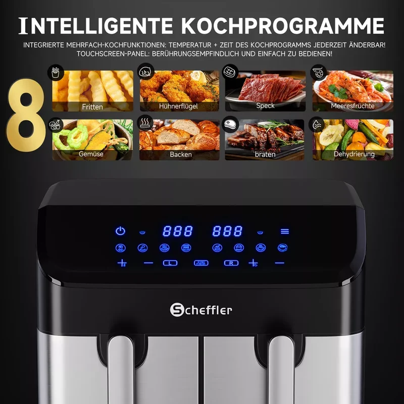 Scheffler Heißluftfritteuse 2 kammern 9L Airfryer 8 Programme Dual Cook & Sync Finish
