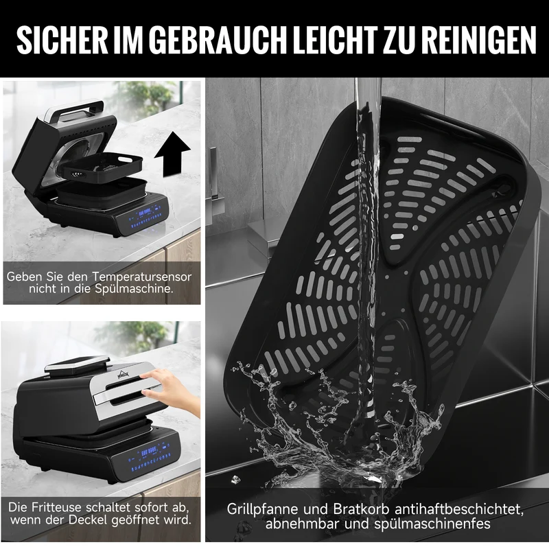 HOMELUX Heißluftfritteuse & Grill 6-in-1 Heißluftfritteuse mit Kontaktgrill Plate, Digitalem Temperaturfühler, Touch-Steuerung, Max 230℃, 1700W