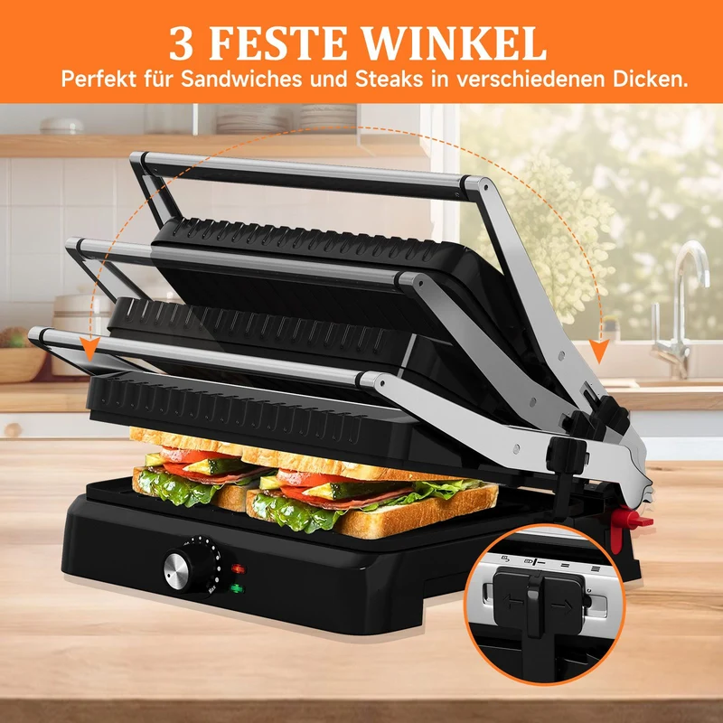 Kontaktgrill Sandwichmaker Panini Grill 2200W Toaster HOMELUX 34x23CM 3-in-1 Multifunktionsgrill für Paninis, Steaks, Sandwiches