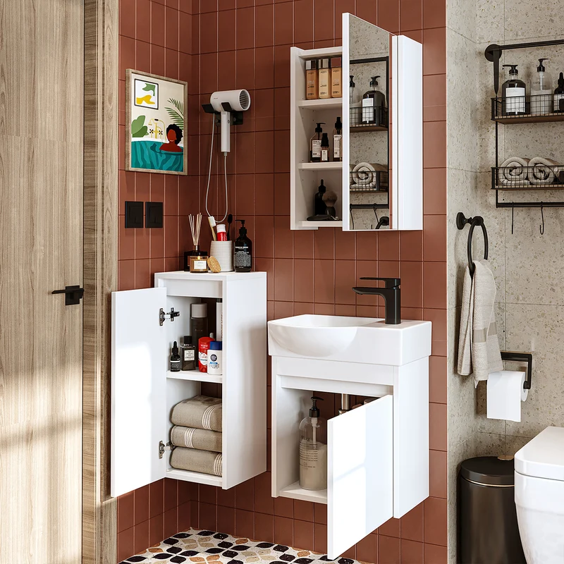 Roomart 4-teiliges Badmöbel-Set LEO, 46 cm, schmales Gäste-WC-Set mit Spiegelschrank, in 4 Farben