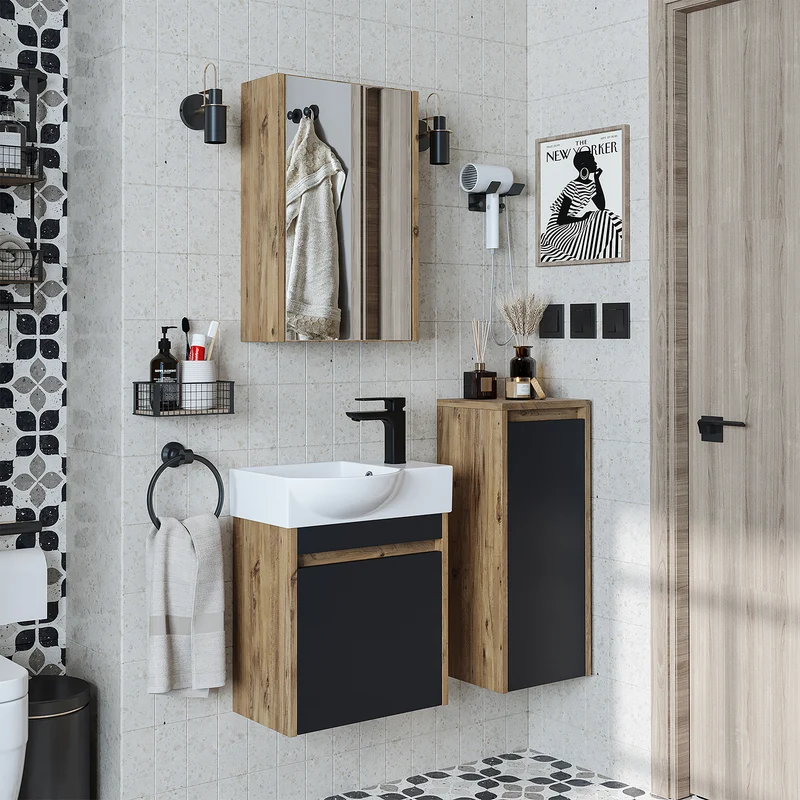 Roomart 4-teiliges Badmöbel-Set LEO, 46 cm, schmales Gäste-WC-Set mit Spiegelschrank, in 4 Farben