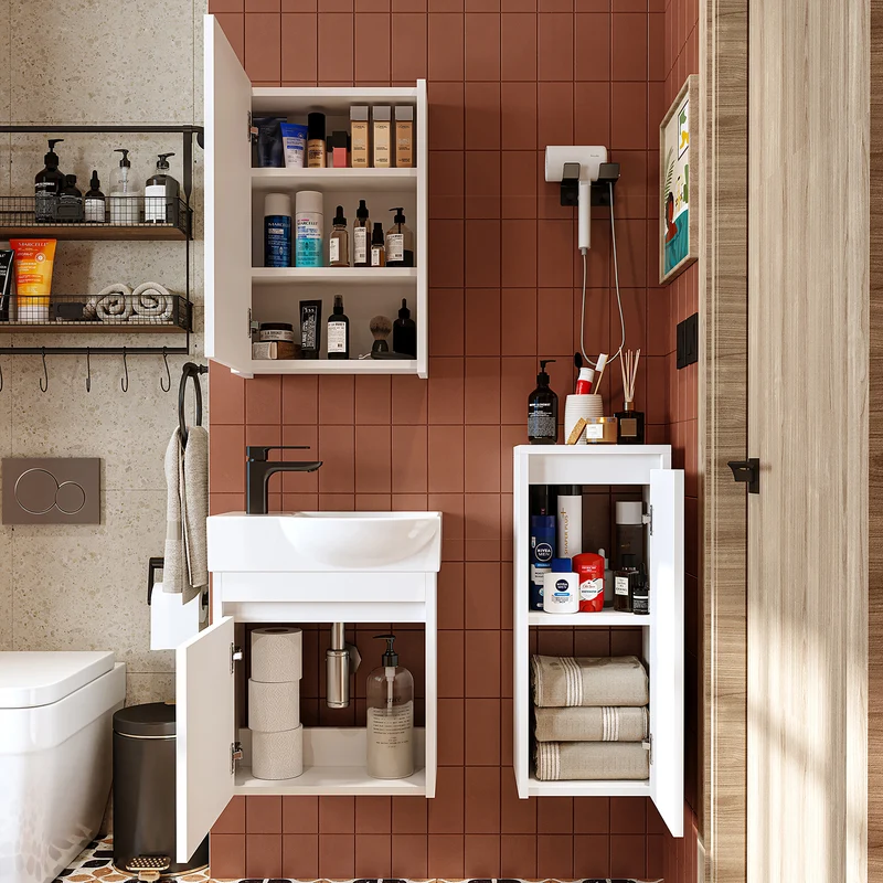 Roomart 4-teiliges Badmöbel-Set LEO, 46 cm, schmales Gäste-WC-Set mit Spiegelschrank, in 4 Farben