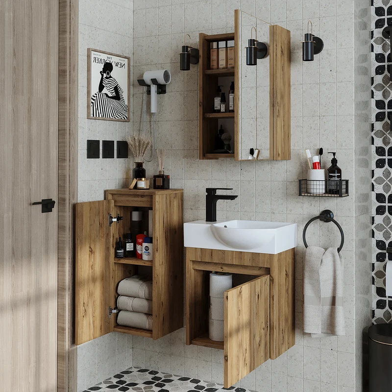 Roomart 4-teiliges Badmöbel-Set LEO, 46 cm, schmales Gäste-WC-Set mit Spiegelschrank, in 4 Farben