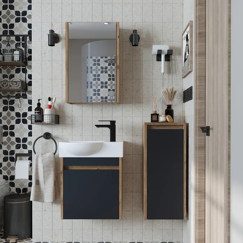 Roomart 4-teiliges Badmöbel-Set LEO, 46 cm, schmales Gäste-WC-Set mit Spiegelschrank, in 4 Farben