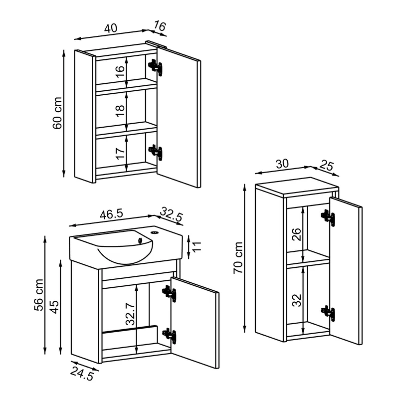 Roomart 4-teiliges Badmöbel-Set LEO, 46 cm, schmales Gäste-WC-Set mit Spiegelschrank, in 4 Farben