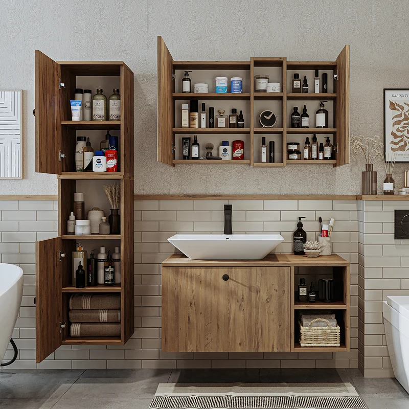 Roomart Badmöbel Set LOTUS 95 cm – 4-teiliges Badezimmermöbel mit Keramik-Waschbecken, Spiegelschrank & Hochschrank – Modernes Design