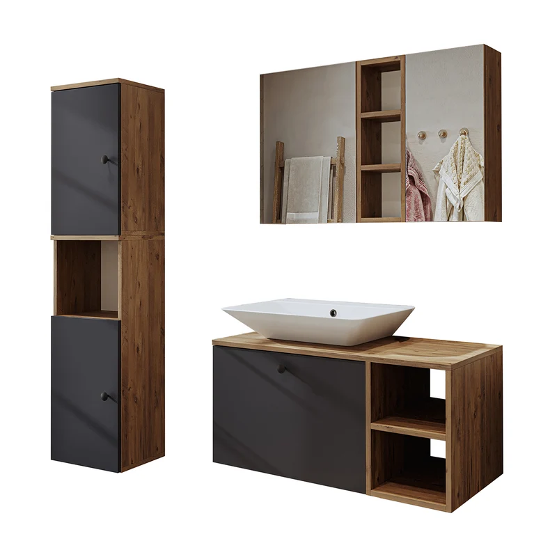 Roomart Badmöbel Set LOTUS 95 cm – 4-teiliges Badezimmermöbel mit Keramik-Waschbecken, Spiegelschrank & Hochschrank – Modernes Design