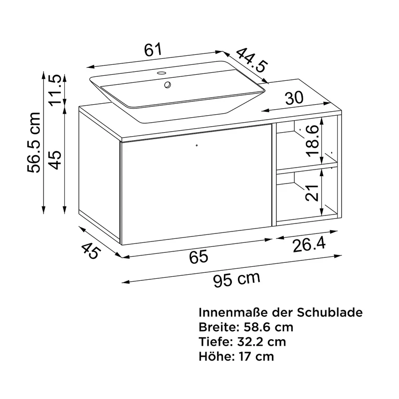 Roomart Badmöbel Set LOTUS 95 cm – 4-teiliges Badezimmermöbel mit Keramik-Waschbecken, Spiegelschrank & Hochschrank – Modernes Design