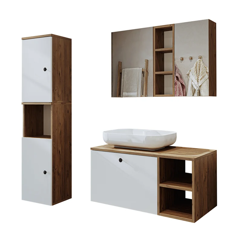 Roomart 4-teiliges Badmöbel-Set LOTUS, 95 cm, mit ovalem Aufsatzbecken und Hochschrank, in 3 Farben
