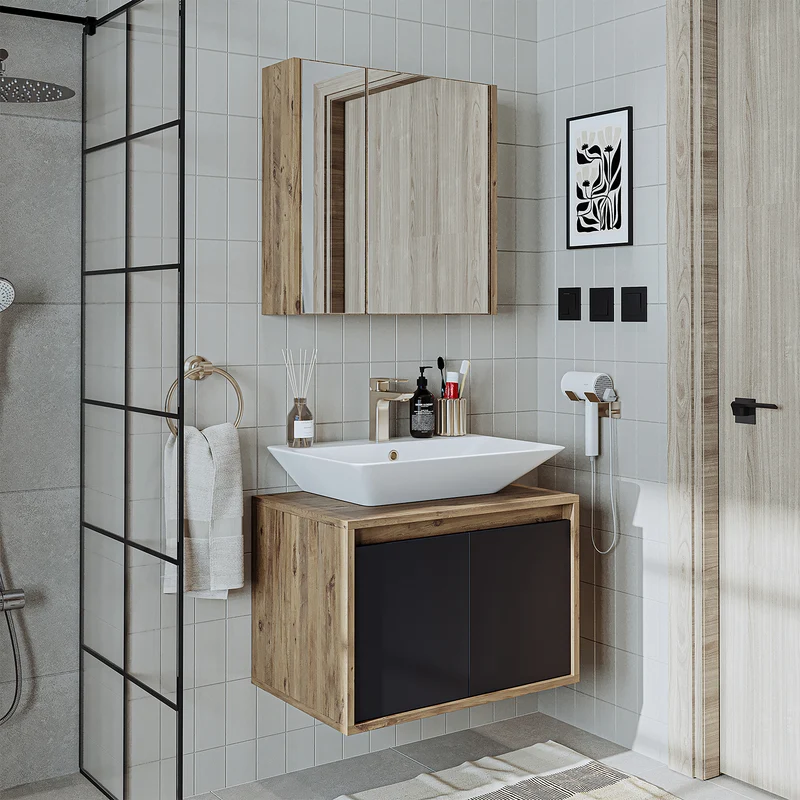Roomart 3-teiliges Badmöbel-Set ATLANTIC, 65 cm, mit Aufsatzbecken und Spiegelschrank, in 5 Farben