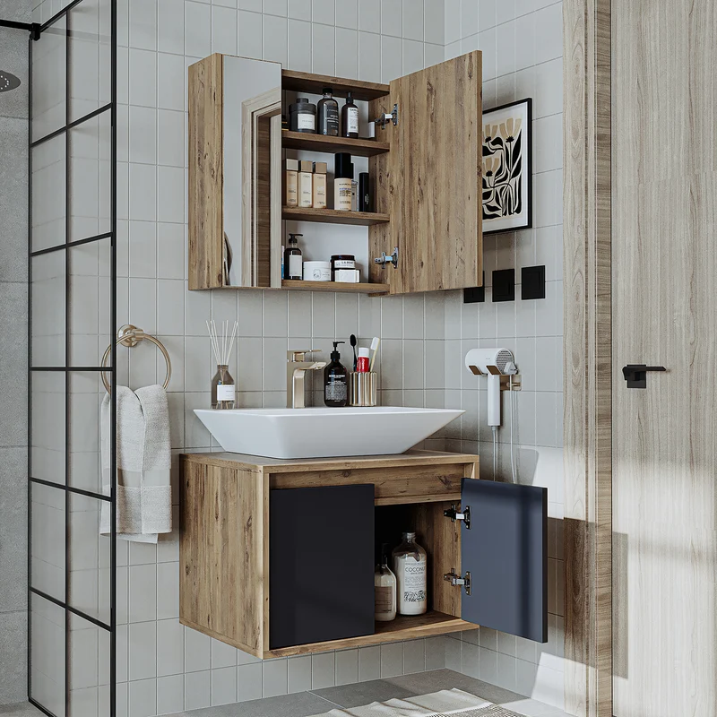Roomart 3-teiliges Badmöbel-Set ATLANTIC, 65 cm, mit Aufsatzbecken und Spiegelschrank, in 5 Farben