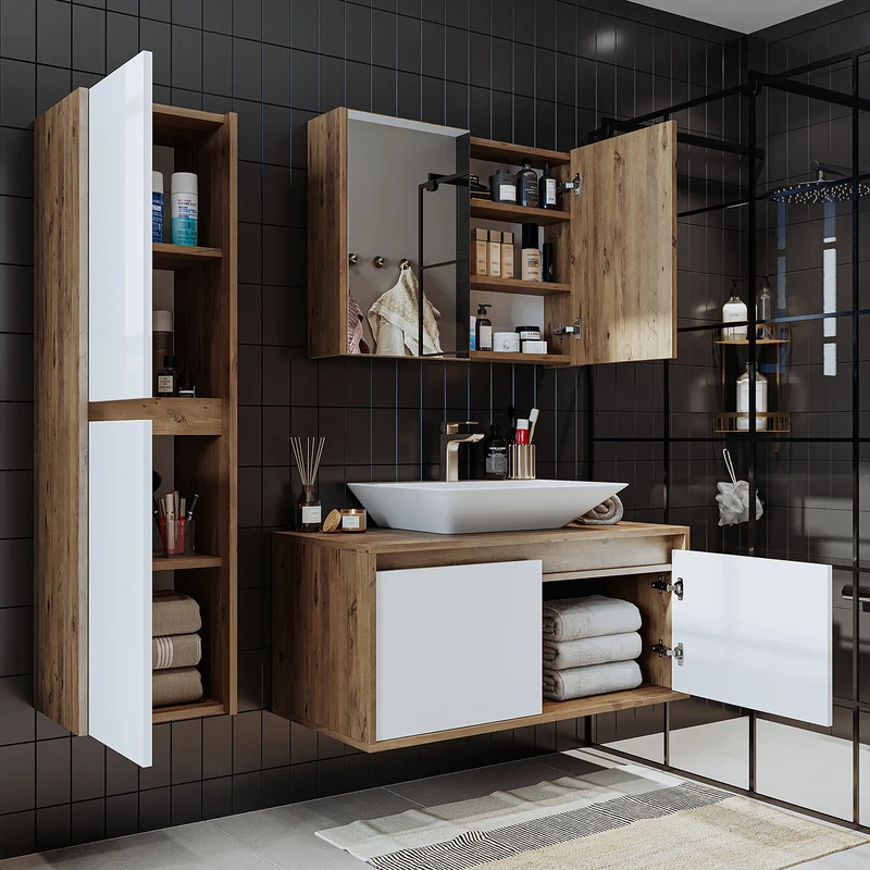 Roomart 4-teiliges Badmöbel-Set ATLANTIC, 100 cm, mit Spiegelschrank und Hochschrank, in 5 Farben
