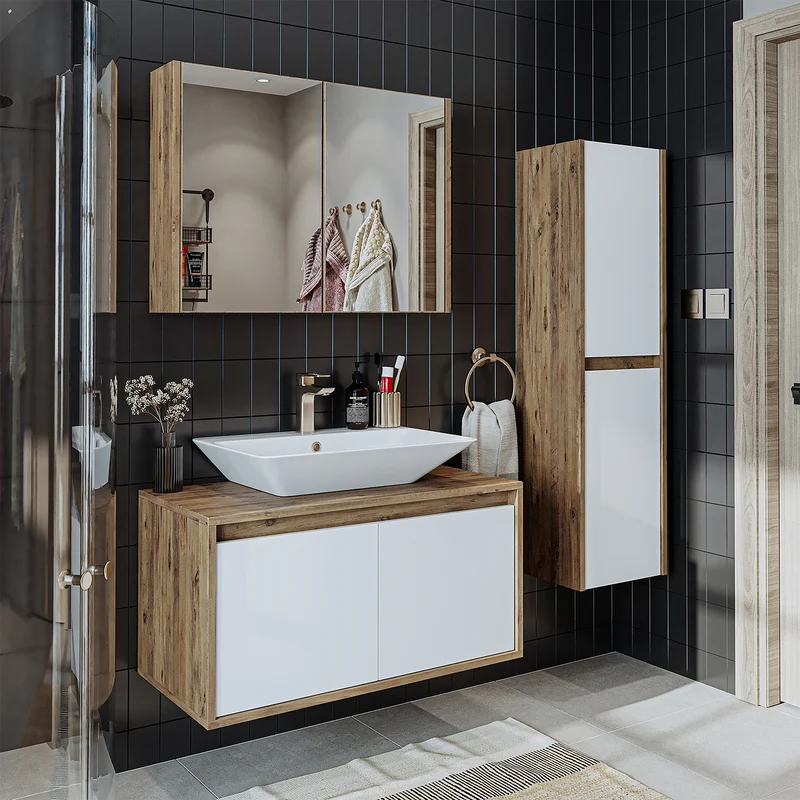 Roomart 4-teiliges Badmöbel-Set ATLANTIC, 85 cm, mit Spiegelschrank und Hochschrank, in 5 Farben