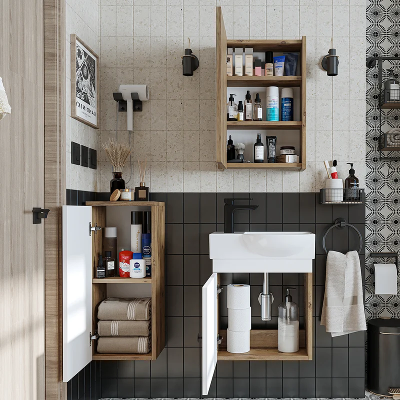 Roomart Badmöbel-Set PUNTO, 46 cm, schmales Gäste-WC-Set mit Spiegelschrank, in 4 Farben