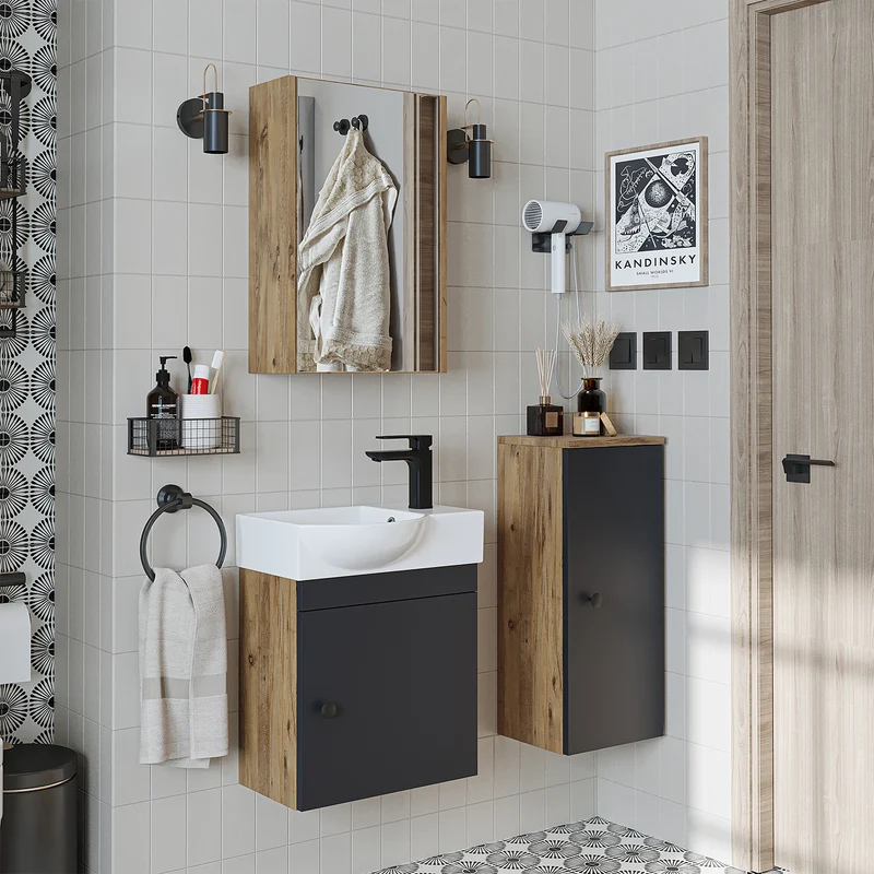 Roomart Badmöbel-Set PUNTO, 46 cm, schmales Gäste-WC-Set mit Spiegelschrank, in 4 Farben