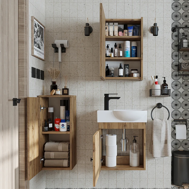 Roomart Badmöbel-Set PUNTO, 46 cm, schmales Gäste-WC-Set mit Spiegelschrank, in 4 Farben