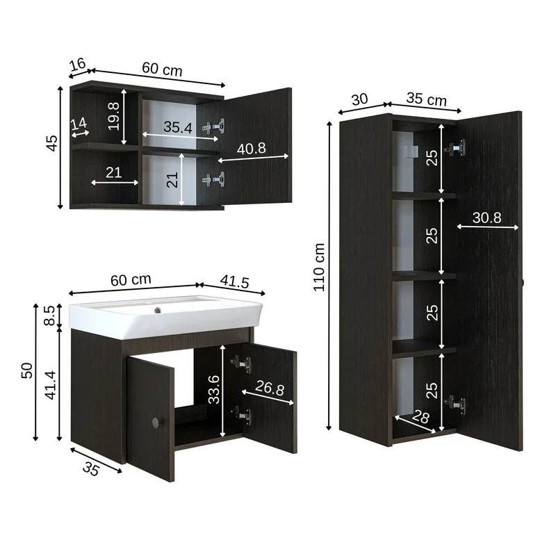 Roomart 4-teiliges Badmöbel-Set ADA, 60 cm, mit Waschbecken und Hochschrank, in 5 Farben