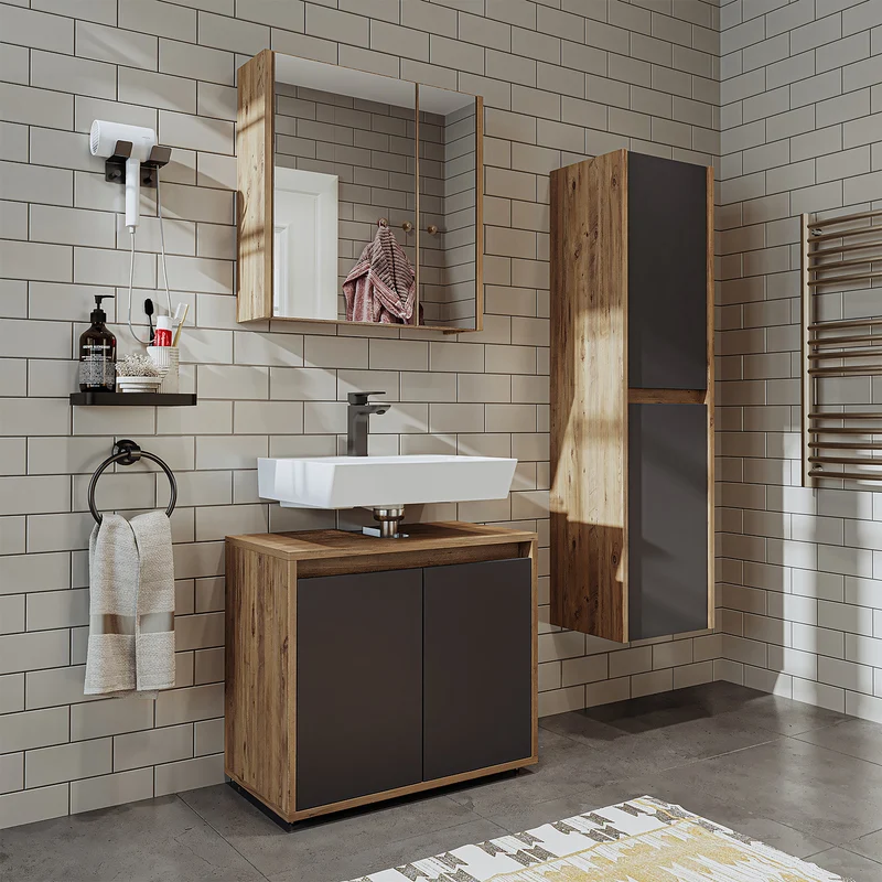 Roomart 3-teiliges Badmöbel-Set MELONA-S2, 65 cm, ohne Becken, mit Spiegel- und Hochschrank, in 4 Farben