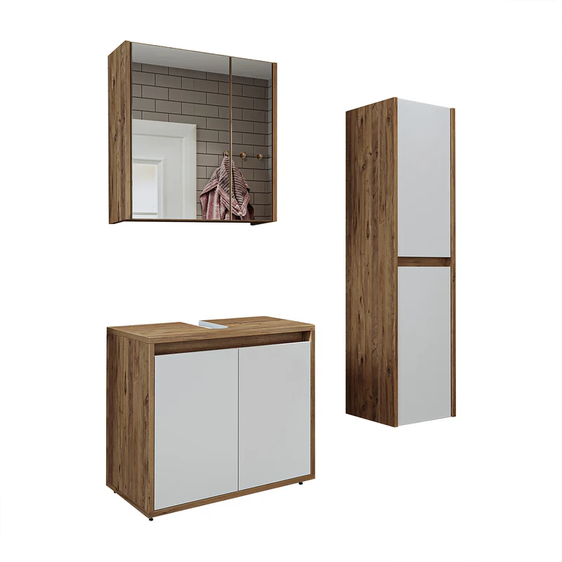 Roomart 3-teiliges Badmöbel-Set MELONA-S2, 65 cm, ohne Becken, mit Spiegel- und Hochschrank, in 4 Farben