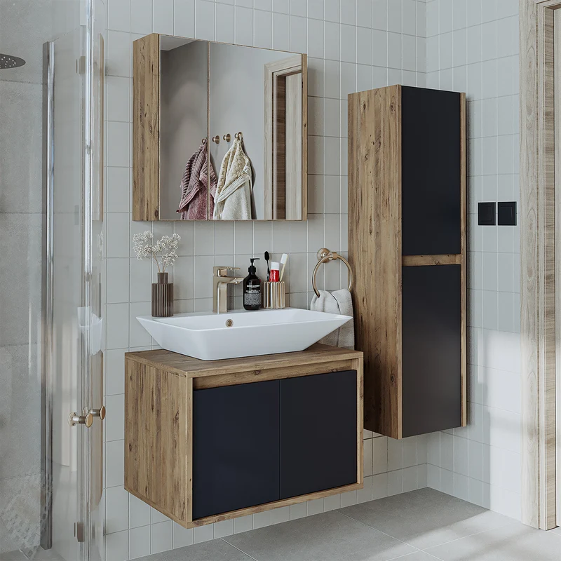 Roomart 4-teiliges Badmöbel-Set ATLANTIC 65 cm, Aufsatzbecken und Hochschrank, in 5 Farben