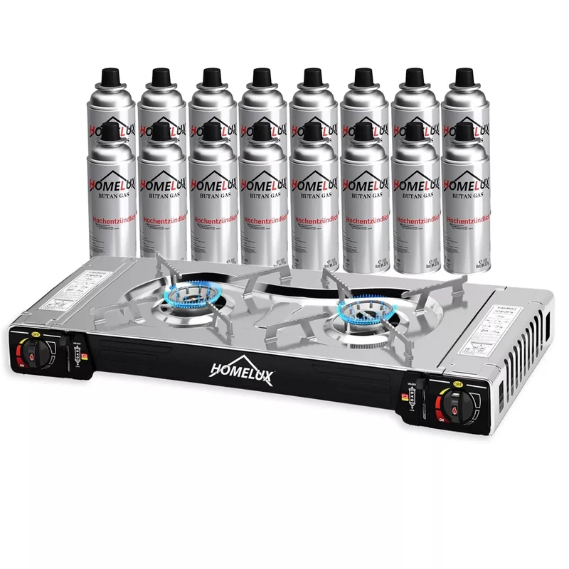 HOMELUX 2-flammiges Gaskochfeld mit / ohne 227g Gaskartusche – Ideal für den Outdoor-Bereich