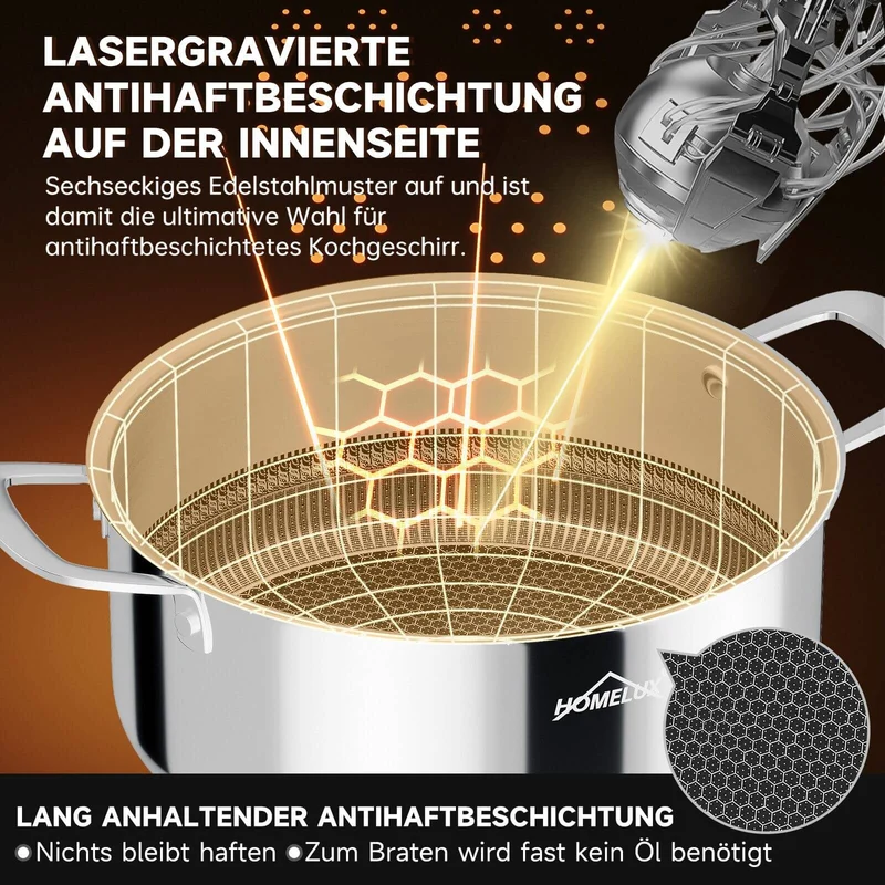 Edelstahl Kochtopf Induktion mit Glasdeckel Schmortopf Antihaft in 20/24/26 cm