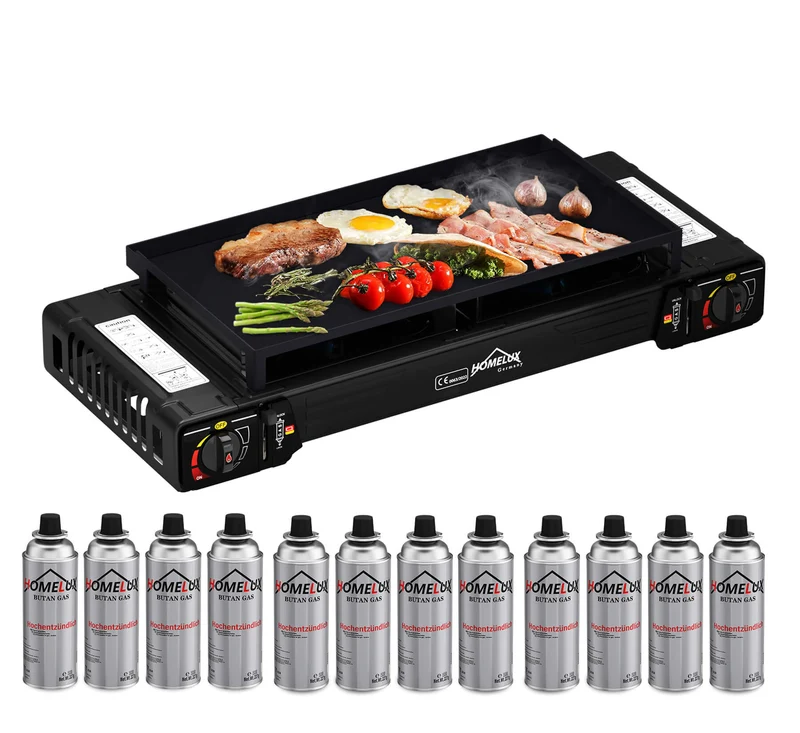 Gaskocher Campingkocher 2-flammig mit Gaskartuschen + 45 x 24 cm Grillplatte