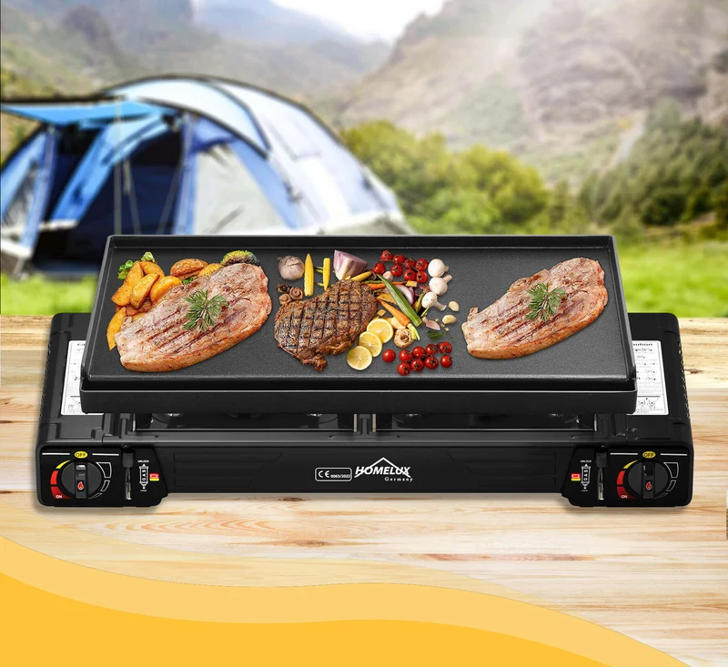 Gaskocher Campingkocher 2-flammig mit Gaskartuschen + 45 x 24 cm Grillplatte
