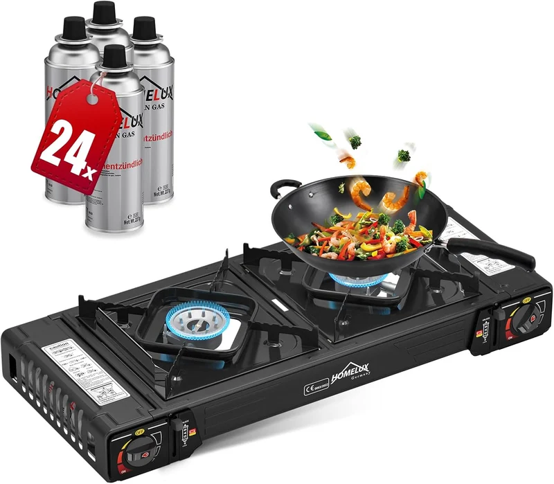 Gaskocher Campingkocher 2 Flammig HOMELUX Gaskocher mit / ohne Gaskartuschen, für Grill Camper im Outdoor Camping