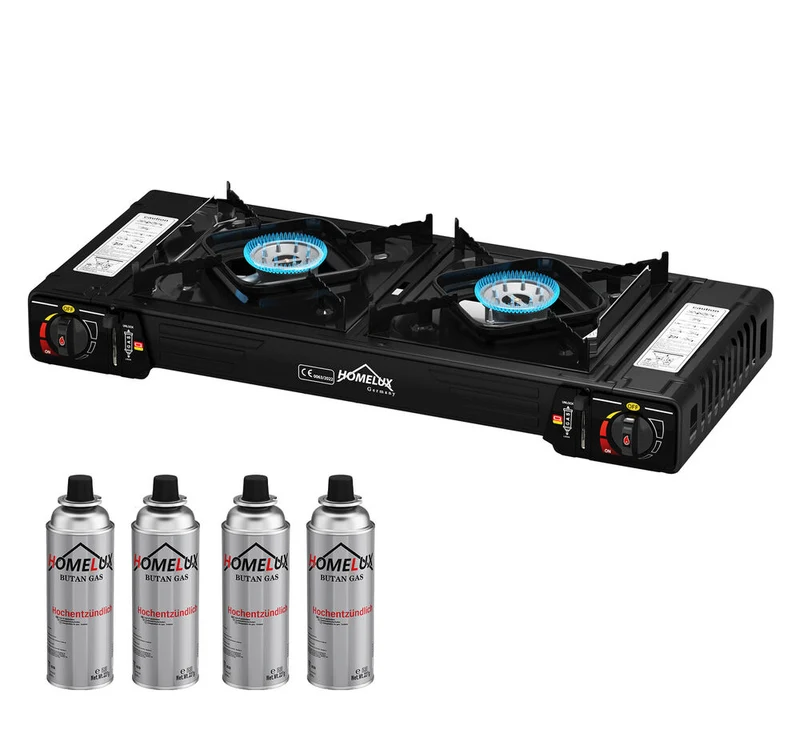 Gaskocher Campingkocher 2 Flammig HOMELUX Gaskocher mit / ohne Gaskartuschen, für Grill Camper im Outdoor Camping