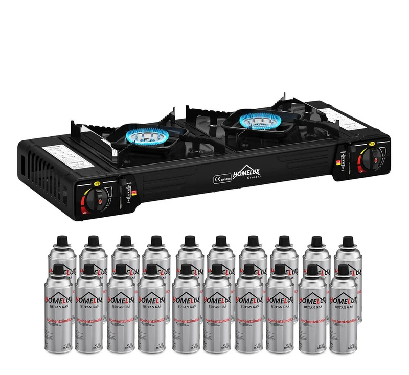 Gaskocher Campingkocher 2 Flammig HOMELUX Gaskocher mit / ohne Gaskartuschen, für Grill Camper im Outdoor Camping