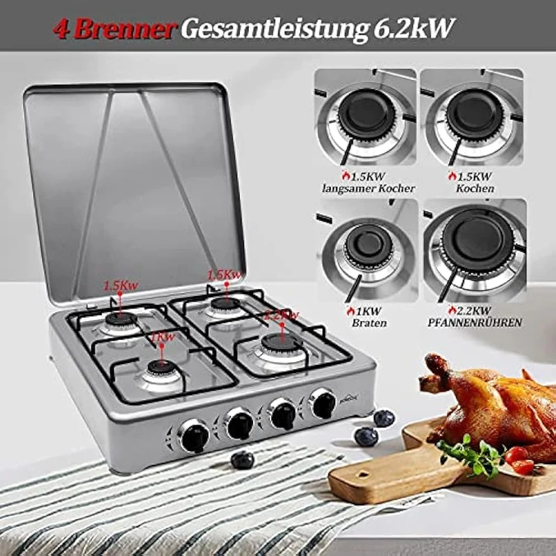 HOMELUX Gaskocher 4 flammig Campingkocher mit Deckel 6,2 kW Kocher Gas Herd Outdoor