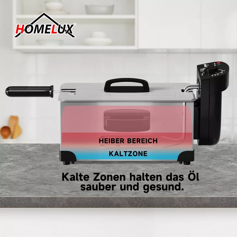 HOMELUX Friteuse 3 L 2000W fritteuse mit öl, Temperaturregler, Edelstah fritteuse mit Fett & Öl, Deep Fryer, Elektrische Fritteuse