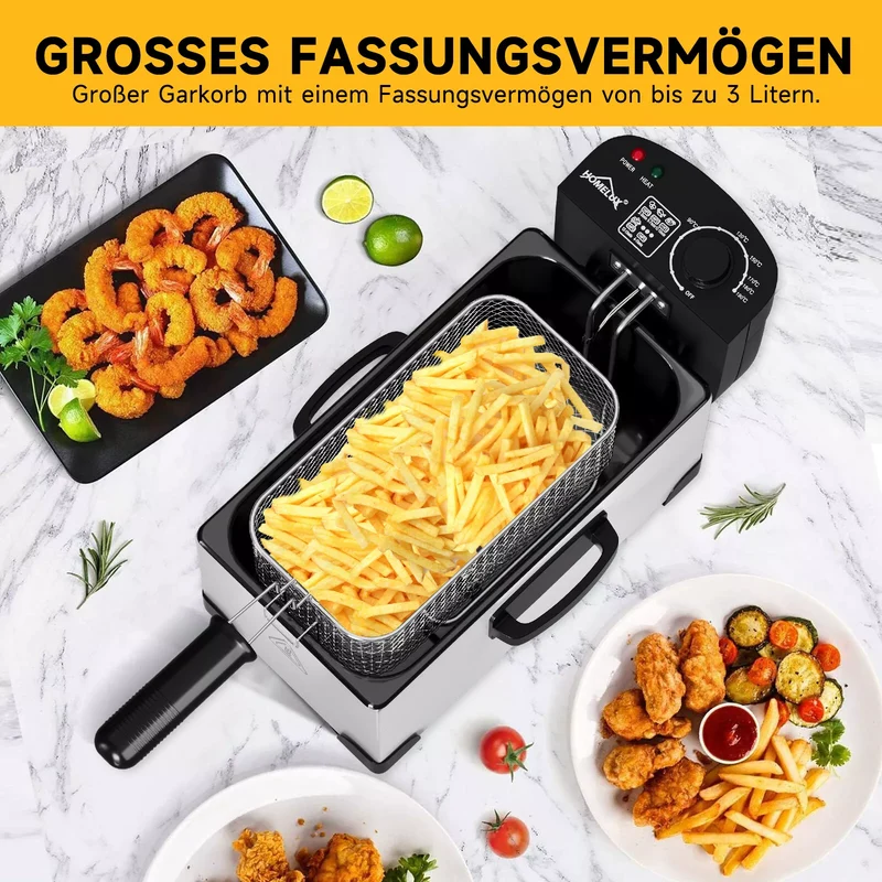 HOMELUX Friteuse 3 L 2000W fritteuse mit öl, Temperaturregler, Edelstah fritteuse mit Fett & Öl, Deep Fryer, Elektrische Fritteuse