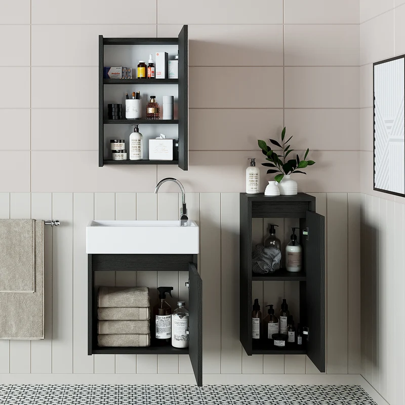 Roomart 4-teiliges Badmöbel-Set MINI, 50 cm, mit Keramikbecken, Spiegel- und Seitenschrank, in 5 Farben